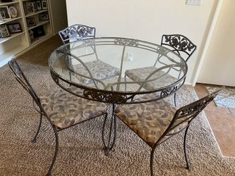Wrought Iron Glass Top Table And Chairs - Vintage