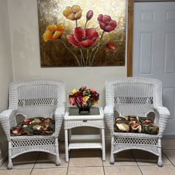 White Outdoor Wicker Patio Set With Cushions And Table