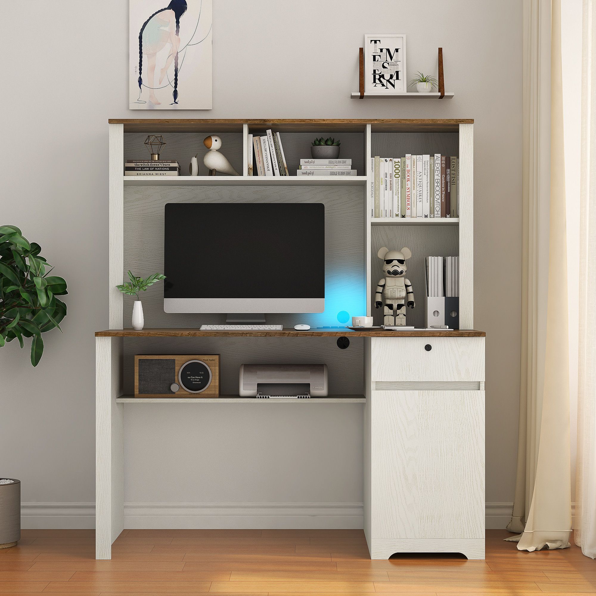 Computer Desk with Hutch and Bookshelf – Wood Writing Desk with Lockable Drawer, LED Light & Charging Station