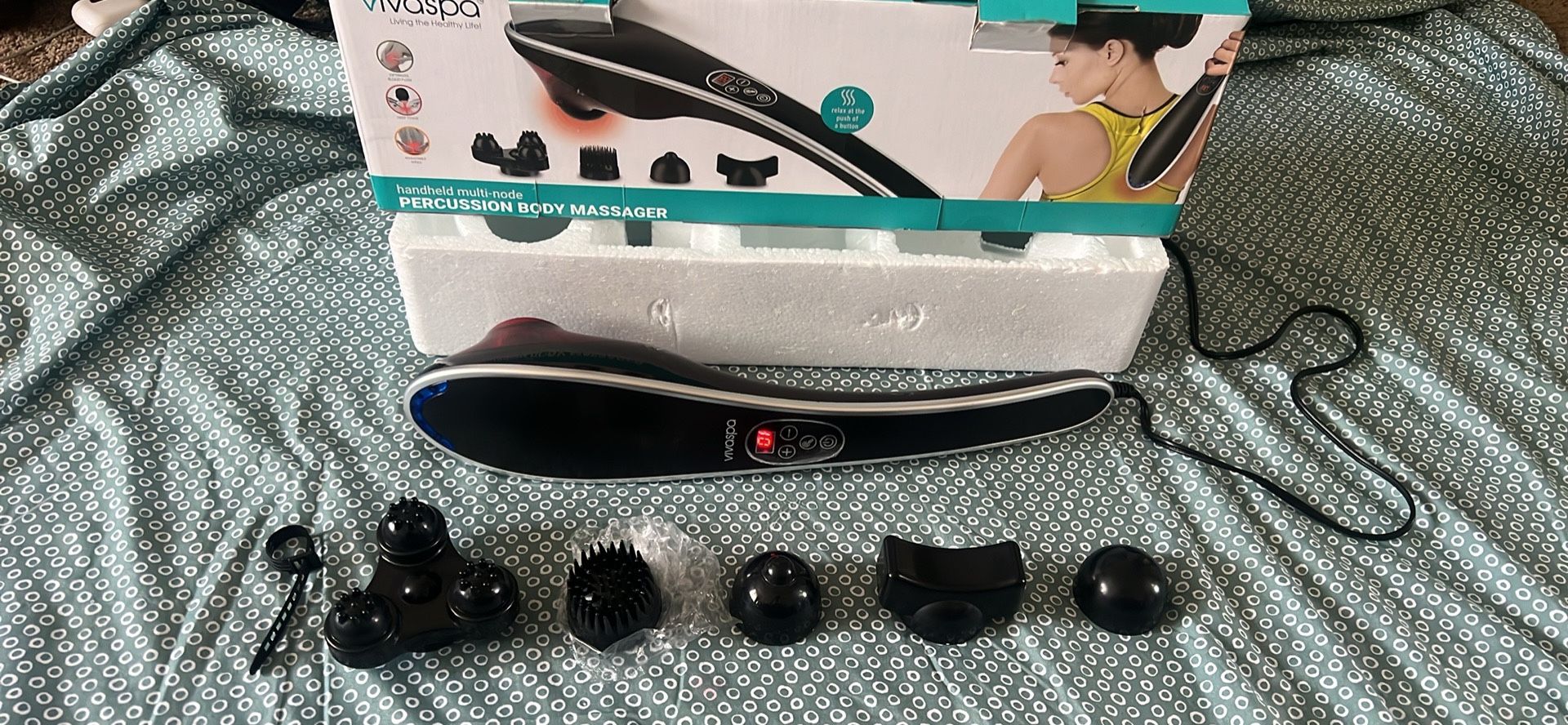 Vivitar Vivaspa Deep Tissue Percussion Electric Handheld Back Massager with 4 Interchangeable Heads & Speed Modes, Portable Full Body Massage Tool