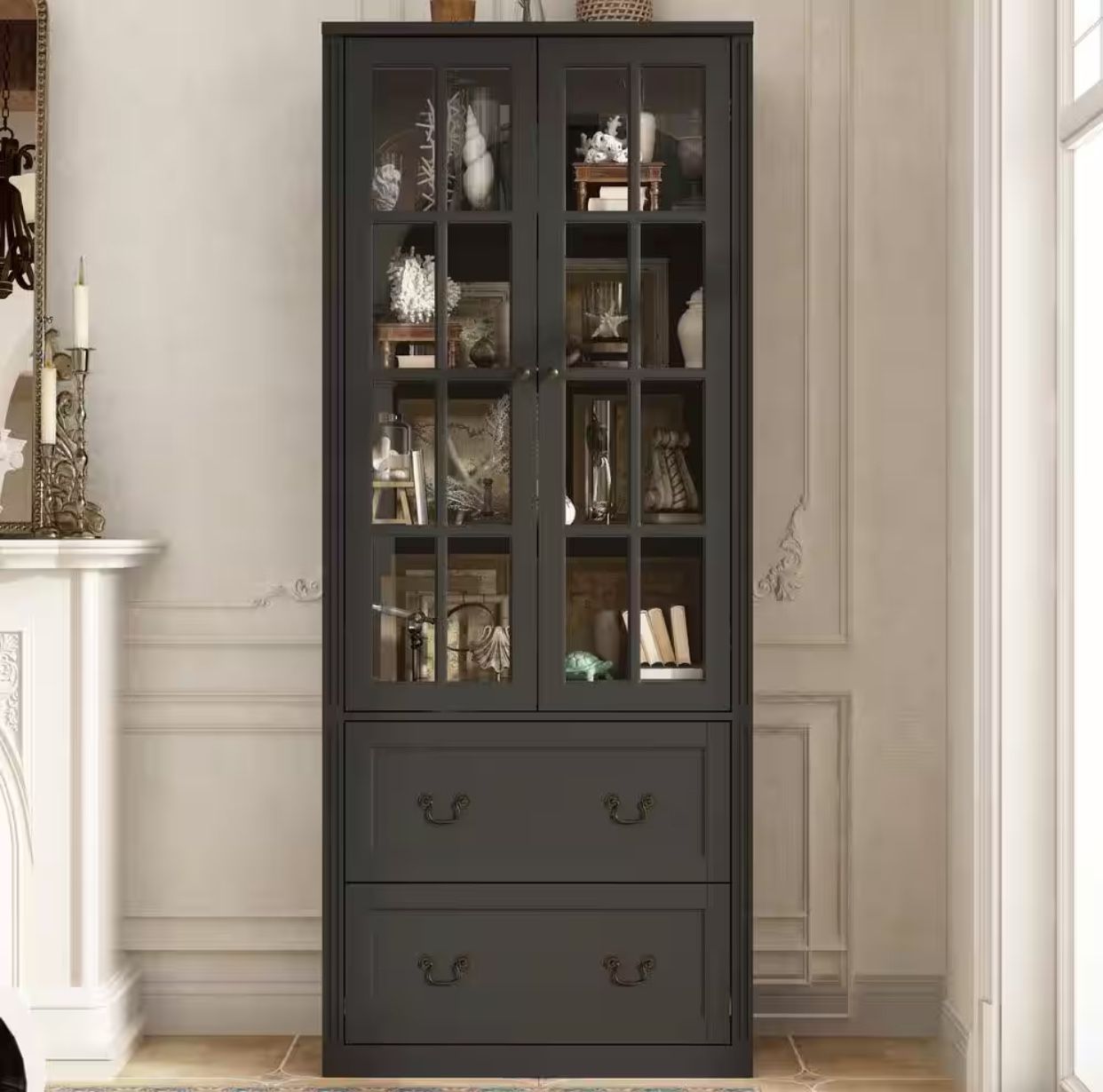 FUFU&GAGA Black Wooden 31.5 in. W Buffet Pantry Cabinet Kitchen Cabinet with Adjustable Shelves and Tempered Glass Doors, Drawers