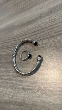 Original David Yurman. Silver Cable Cuff Bracelet and Ring Set