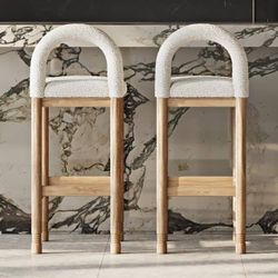 Set of 2  -  Interiortonic Teak & Boucle Bar Height Bar Chairs [FULLY ASSEMBLED] [NEW IN BOX] **Retails for $1080