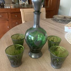 Vintage Green Glass Decanter Set With A Metal Overlay