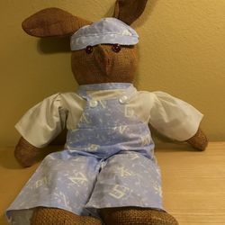 Primitive Folk Art Cloth Farmhouse RABBIT DOLL Hand Stitched/1980's/Laura Ashley
