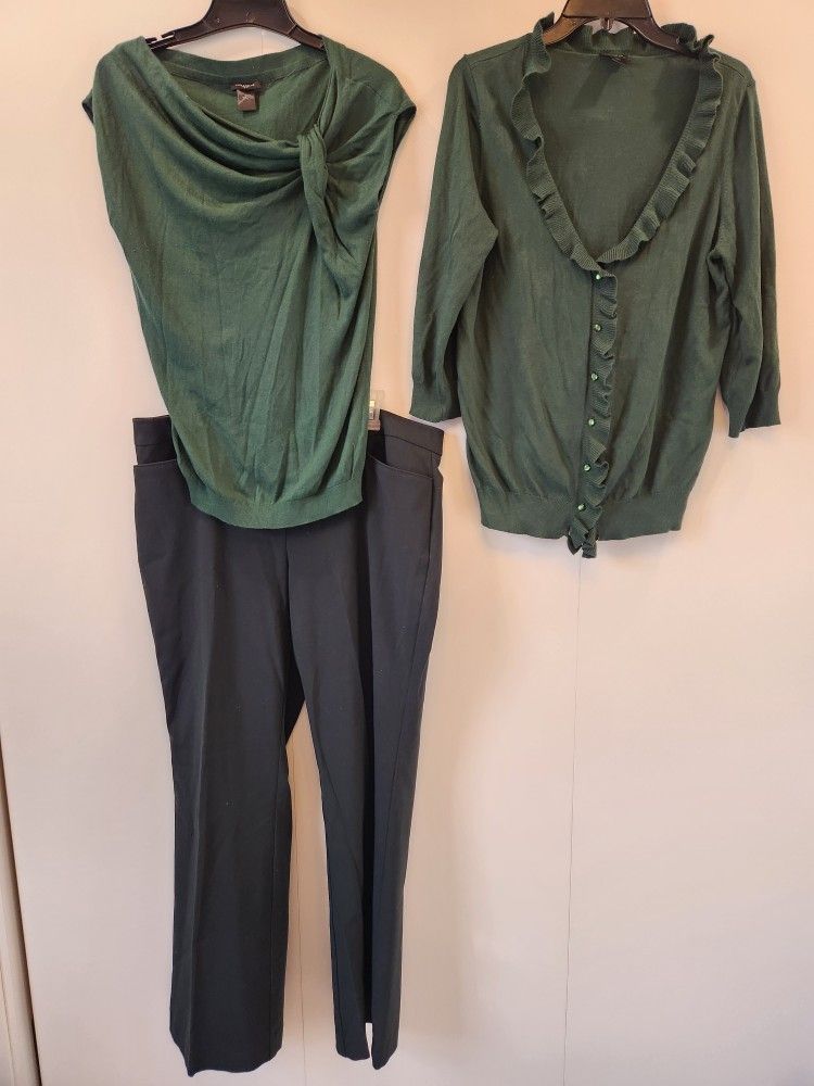 All 3pcs! Green Women's Cardican, Top, and Trousers