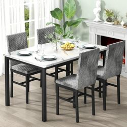 Marble Dining Table Set for 4, Rectangular Faux Marble Kitchen Table and Chairs Set, Dining Table with 4 Tufted Velvet Upholstered Dining Chair