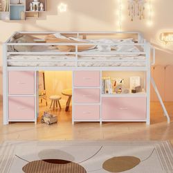 K518 $155  Loft Bed Full Size with 6 Open Storage Drawers, Full Low Loft Bed with Timer LED Lights & Play Curtain, Secret Under-Bed Play Fort, Safe Ro