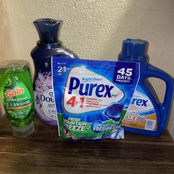 Downy calm softener ,Purex laundry detergent  & Gain dish soap