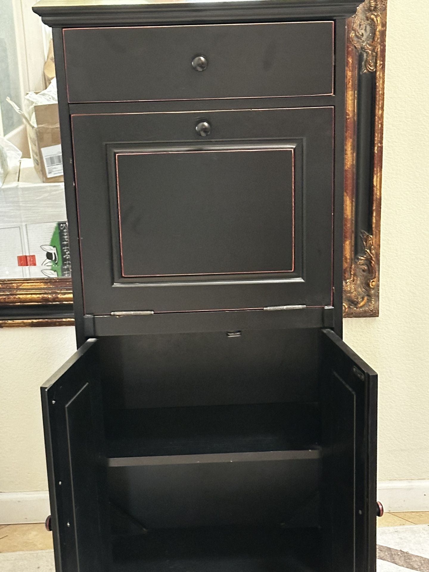 Absolutely gorgeous black,  space saving secretary desk with top drawer, drop-down desk with two shelve storage cabinet.   52” inches tall 12” inches 