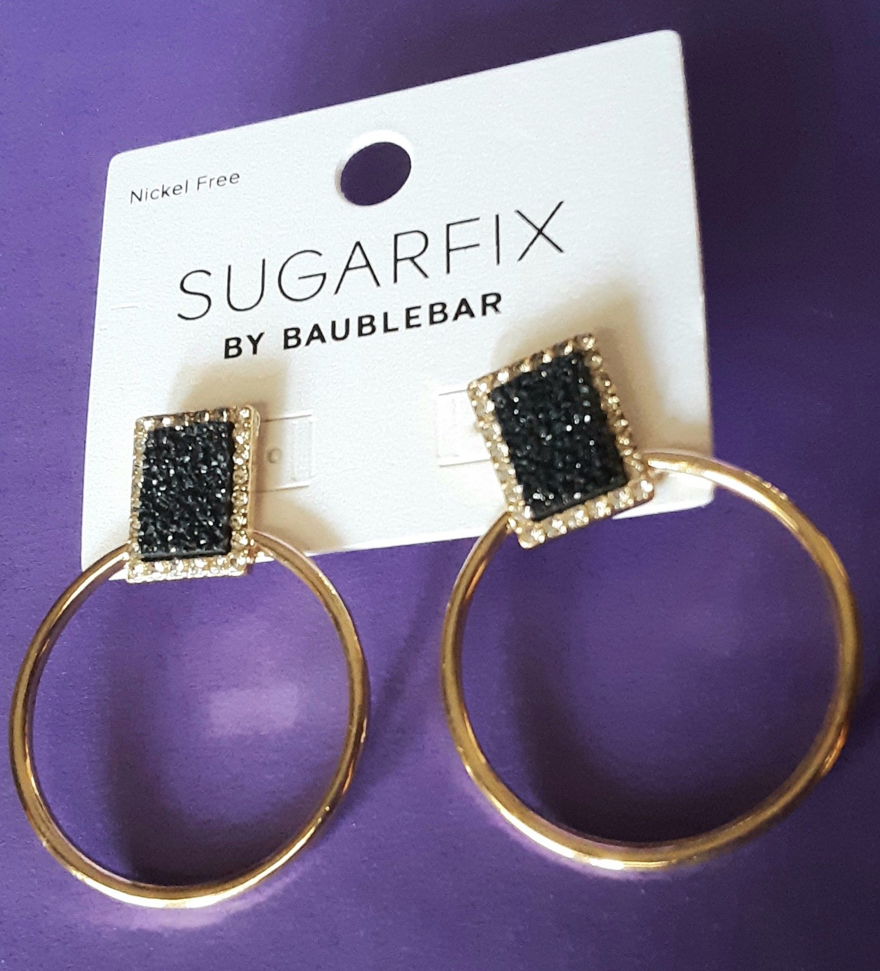 Shipping Only: New Sugarfix nickel-free goldtone black sparkle and crystal post hoop earrings