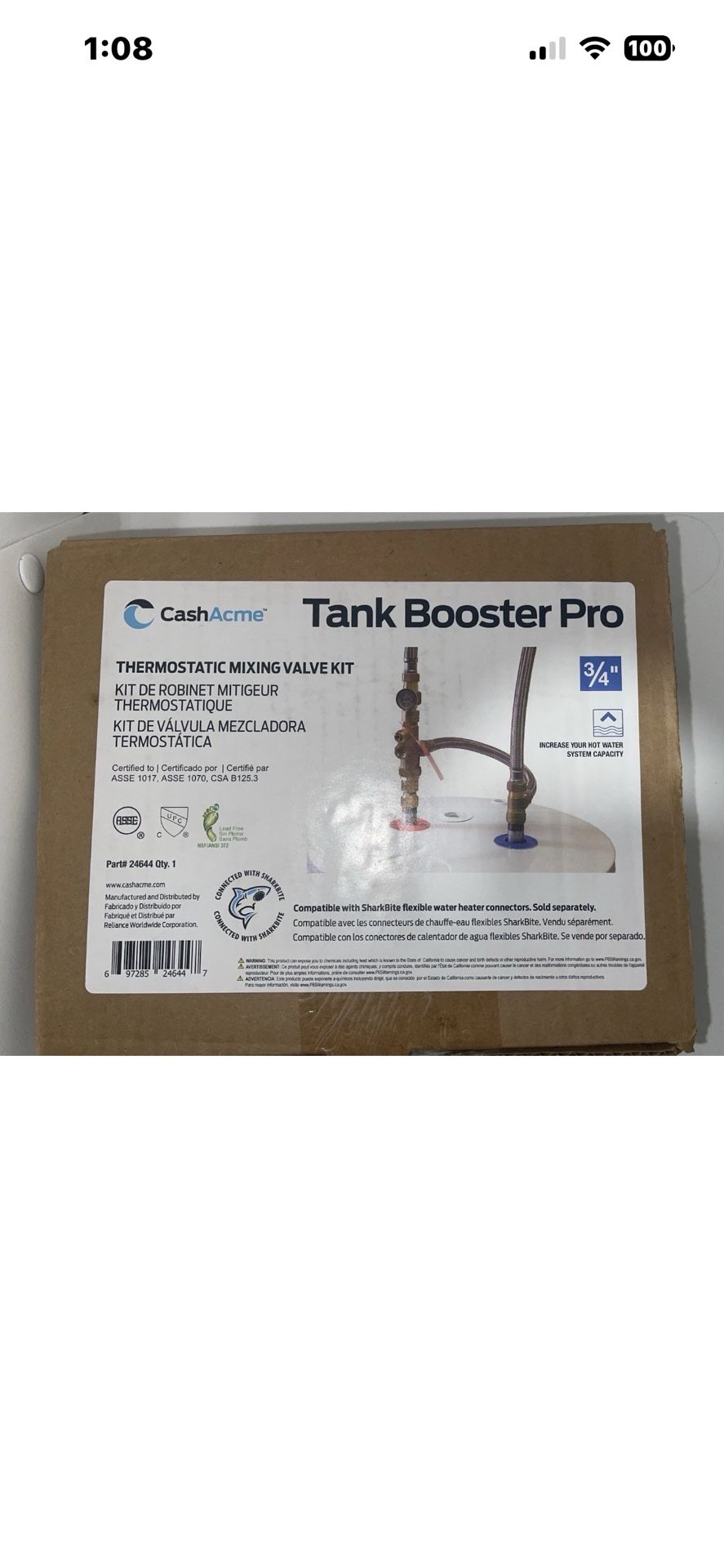 NEW Cash Acme Tank Booster Pro 3/4" Thermostatic Mixing Valve Kit 24644