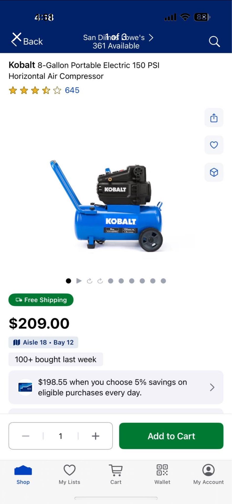 Kobalt 8-Gallon Portable Electric 150 PSI Horizontal Air Compressor