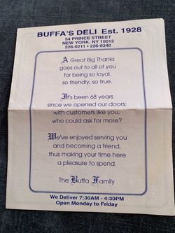 Buffa's Deli NYC Vintage Thank You Flyer 1996