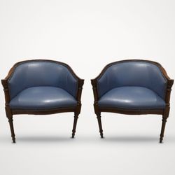 Pair of 2 Blue Leather Barrel Tub Chairs, Mahogany Wood Frame, Brass Nailhead Trim