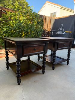 Dark Wood End Tables with Spool Legs – Set of 2