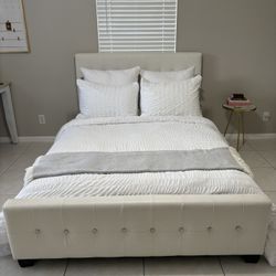 Tufted White Leather Upholstery Accented With Decorative Crystals Bed Frame (mattress not included)   