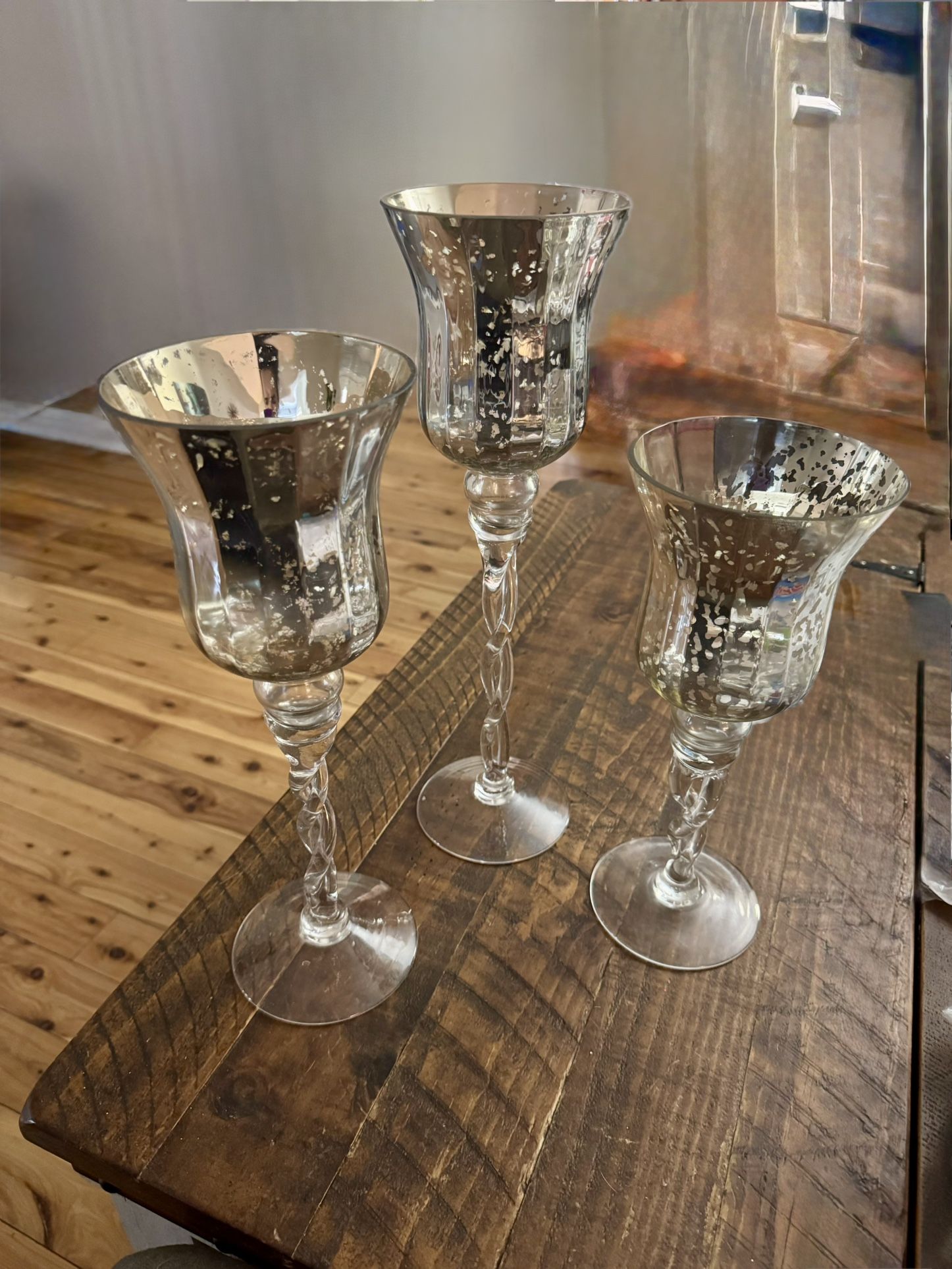 Set Of 3 Silver Mercury Glass Candle Holders