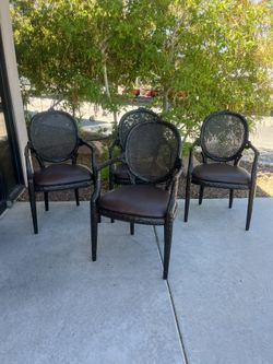 Set Of 4 Vintage Faux Bios Carved Wood Dining Arm Chairs ( Can Deliver For $10 )