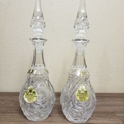 Set of 2 New Genuine Crystal Hand Cut Decanters With Stopper 13" Tall Made in West Germany  (BOX15)