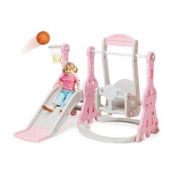 Toddler Slide and Swing Set 4 in 1 Baby Slide Climber Playse with Swing Slide Climber and Basketball Kids Slide and Swing Set V037