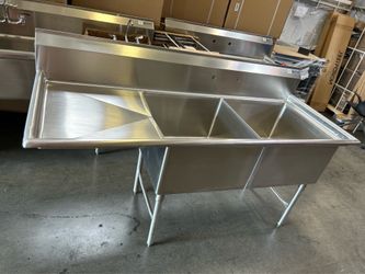 Brand new industrial duty commercial stainless steel double compartment sink with left drainboard