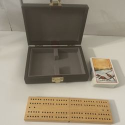 Cribbage Board With Leather Case And Cards 