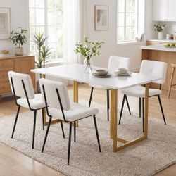 Homy Casa SLIP+POMONA 5PC Dining Set 55" White Marble Table with 4 Pomona Beige Fabric Chairs Gold Legs Open Box