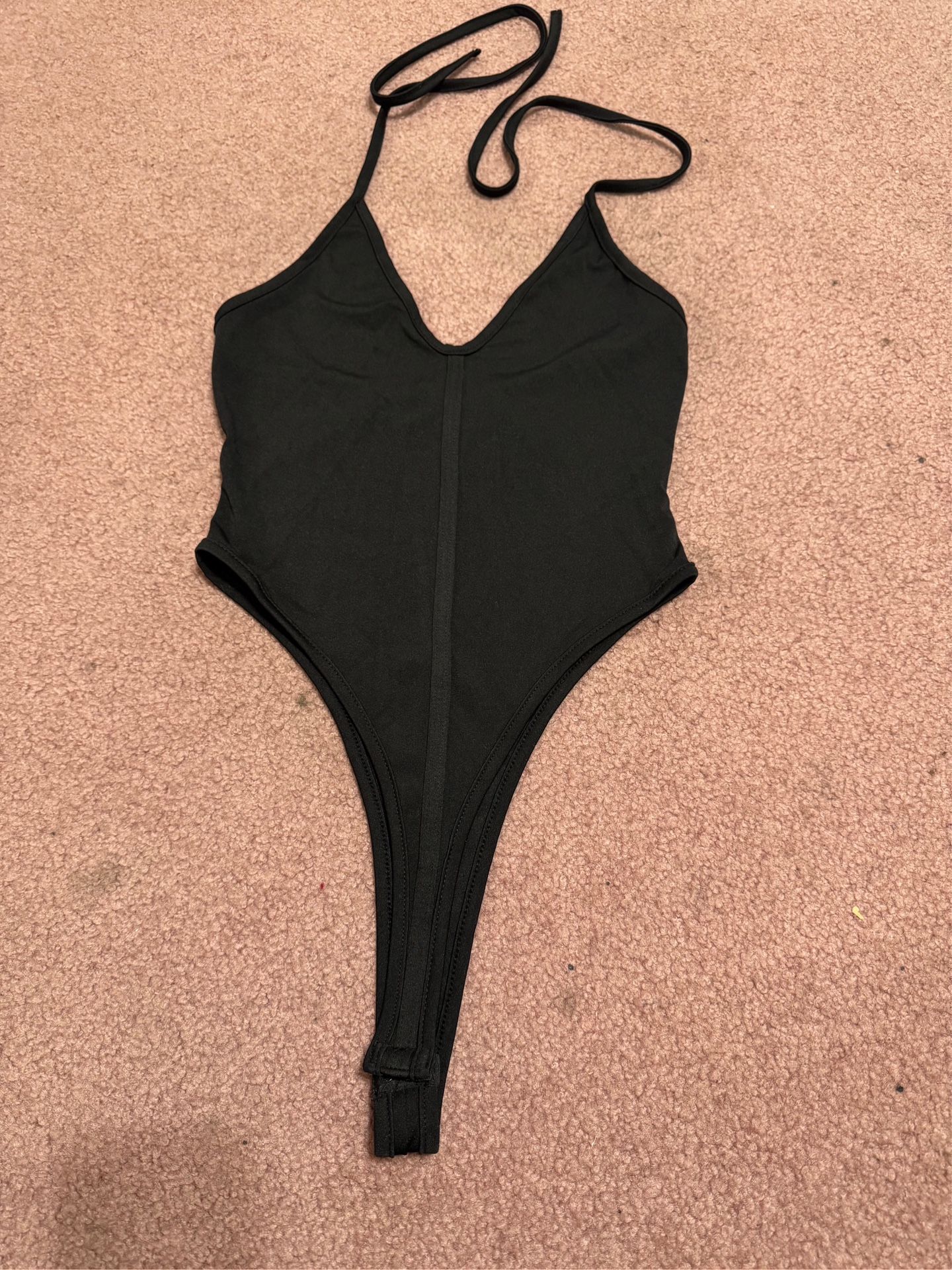 New Small black onepiece high cut bodysuit stretchy halter top lingerie