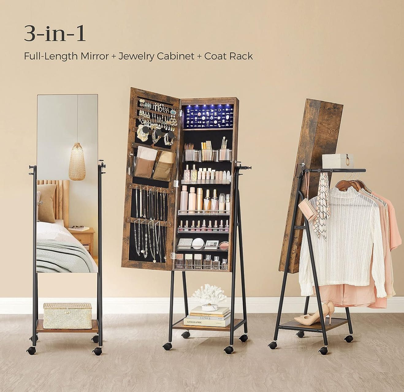 6 LEDs Lockable Mirror Jewelry Cabinet