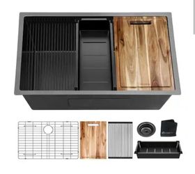 Glacier Bay 32 in. Undermount Single Bowl 18 Gauge Gunmetal Black Stainless Steel Workstation Kitchen Sink