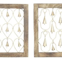 DecMode Wood Farmhouse Hanging Brown Decorative Bells in a  Square Frame with Tanished Brass Finish,  Set of 2, 16"x16"