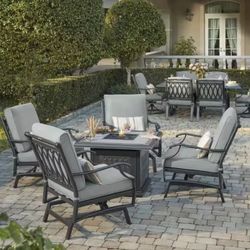 Home Decorators Collection St. Charles 5-Piece Aluminum Motion Outdoor Fire Conversation Patio Fire Pit Set with Sunbrella Cast Mist Cushions