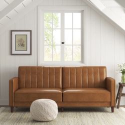 Camel Pebbled Faux Leather Convertible Sofa