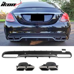 Fits 2015-2021 Benz C-Class C300 C400 C63 Black Rear Diffuser + Silver Exhaust Tips