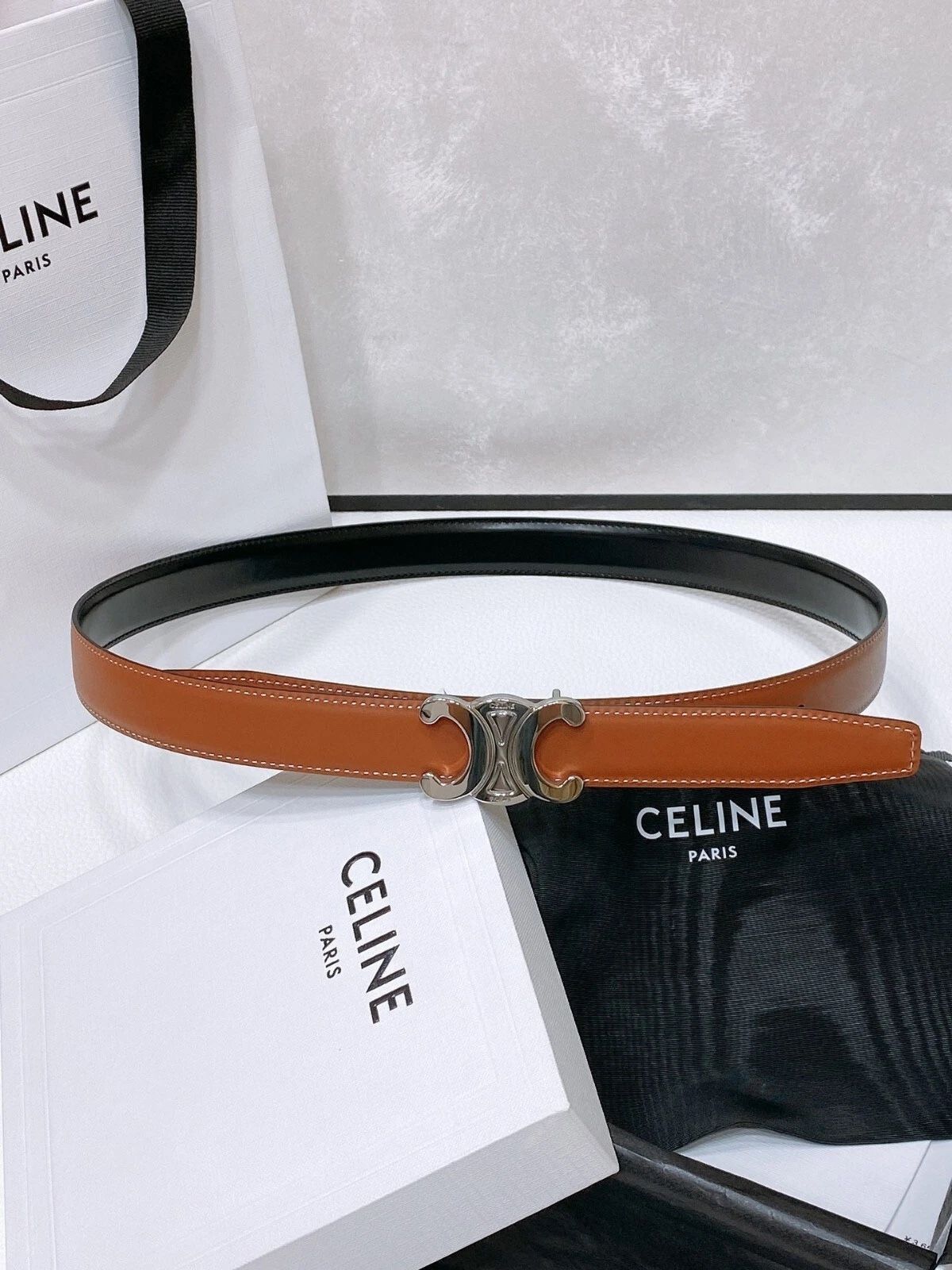 Celine Women's Brown/Black Reversible Belt Silver Logo Leather Belt Size 85