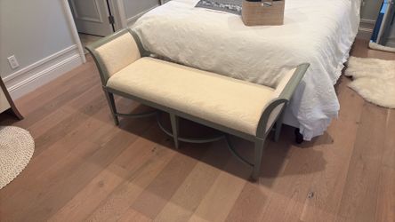 Upholstered Bedroom Bench — Ivory Damask with Sage Green Frame & Nailhead Trim