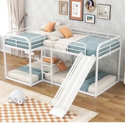 Bellemave L-Shape Bunk Beds with Slide, Quad Bunk Bed for 4, Metal Twin Size Bunk Bed Attached with Full Size Bunk Bed Frame, Modern Corner Bunked for