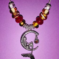 Sterling Silver Necklace with Handmade Glass Beads and Mermaid Pendant 