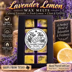 Lavender Lemon Wax Melts 100% Soy Wax Hand Poured 6-Cube Clamshell Melts Ships From Texas
Enjoy the refreshing blend of bright lemon and calming laven