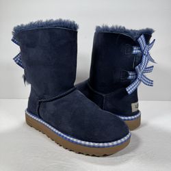 UGG Bailey Bow Gingham Ribbon Navy Blue Boots Women Size 5