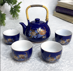 Japanese Cobalt Blue & Gold Porcelain Tea Set - Teapot with 4 Cups - Floral & Peacock