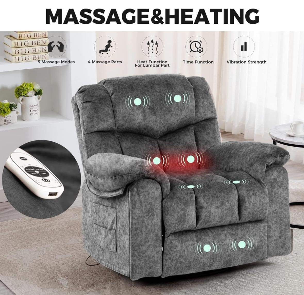 Recliner Chair Massage Rocker Swivel Heated with Hideable Cup Holders, Comfortable Lounge Wide, E-2