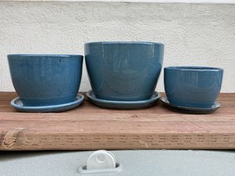 Round Blue Glazed Ceramic Pot Planter With Saucer Set Of 3