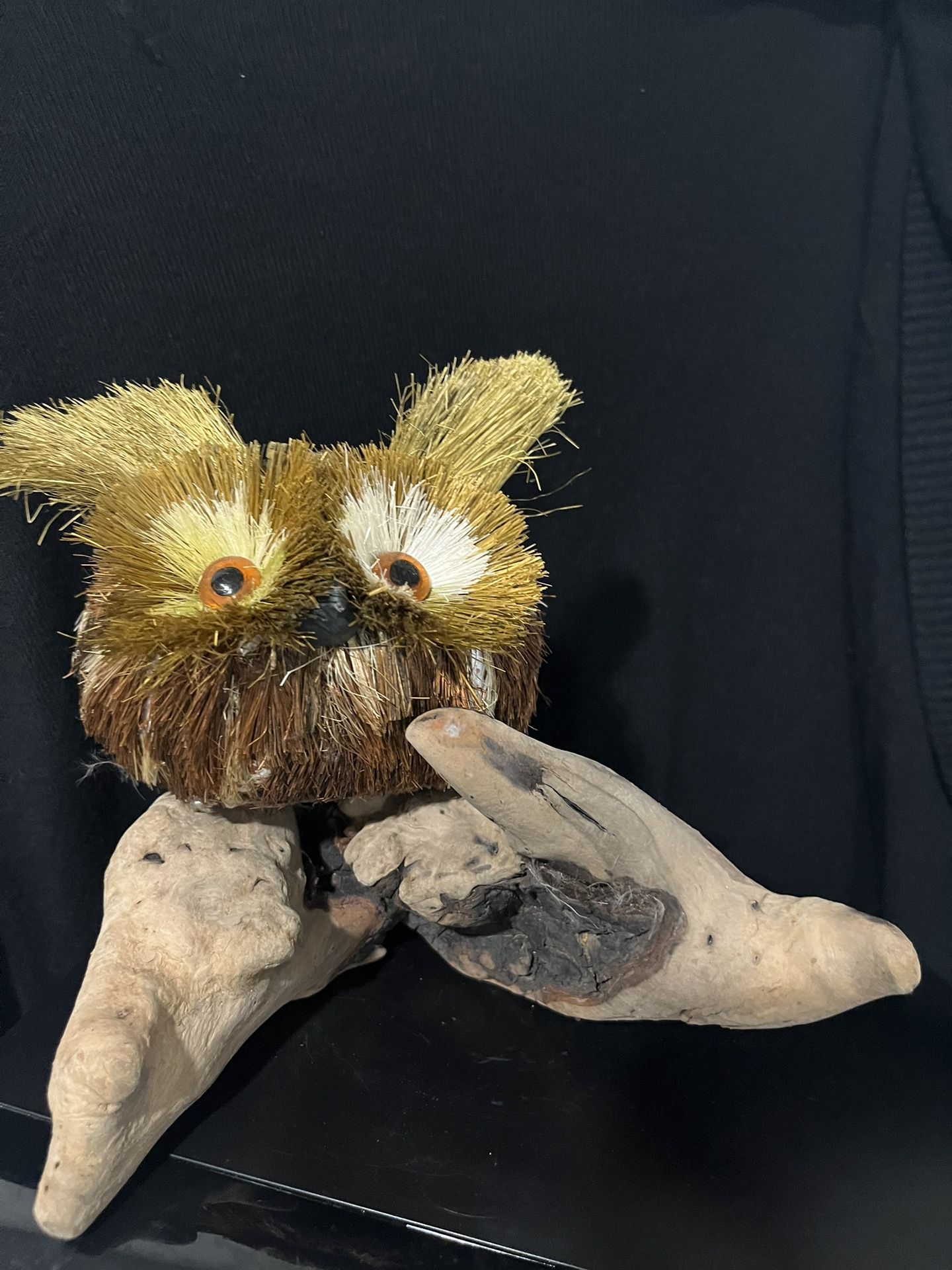 Straw Owl On Driftwood Figurine
