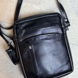 Black Genuine Leather Crossbody Bag Compact Shoulder Travel Everyday Organizer