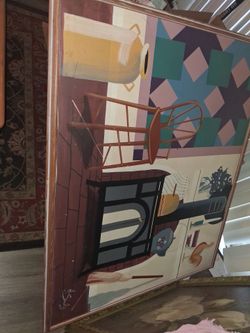 Framed Folk Art Interior Scene Painting