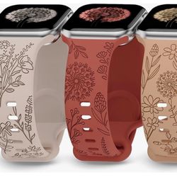 3 Pack Flower Engraved Bands Compatible with Apple Watch Band 38mm 40mm 41mm 42mm 44mm 45mm 49mm Women