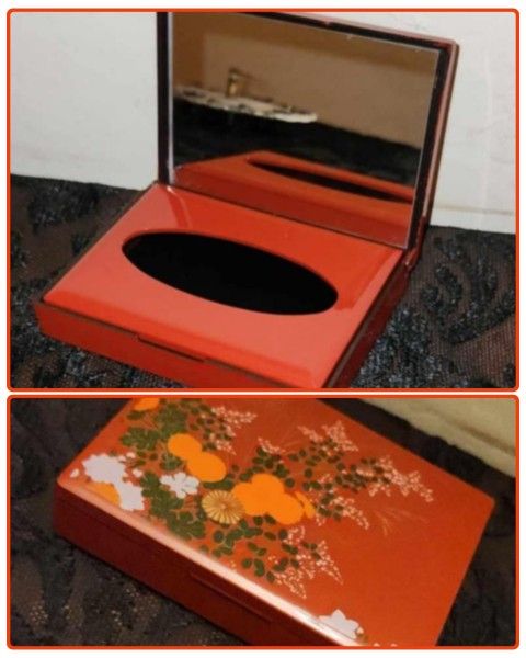 VINTAGE ORIENTAL JAPANESE LACQUERED KLEENEX TISSUE STORAGE MAKEUP JEWELRY BOX ORGANIZER COMPACT MIRROR