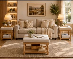 Ottoman Coffee Table Set of 3, Wood Living Room Table Set,Include Upholstered Coffee and End Table Set of 2, Bedside Table, Roman Column Legs and Soft